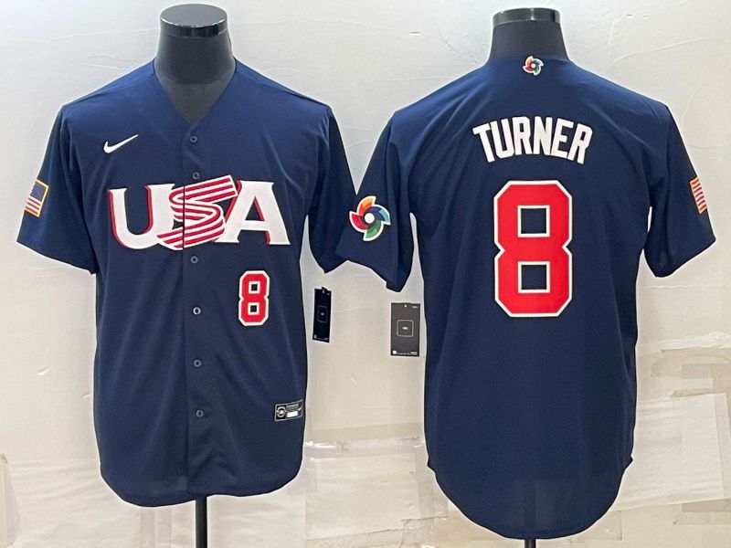 Men 2023 World Cub USA 8 Turner Blue Nike MLB Jersey